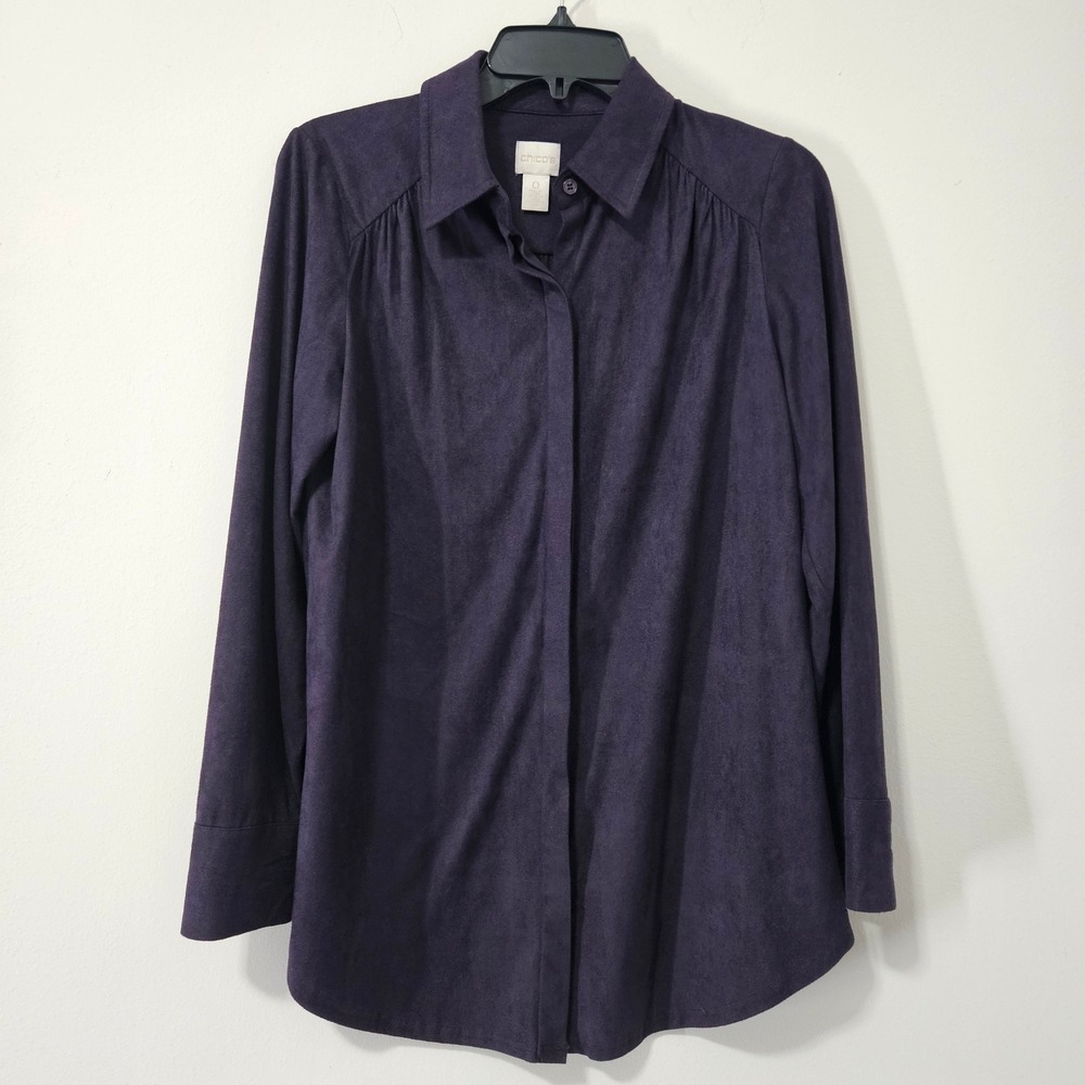 Chicos‎ Womens Faux Suede Button Down Shirt Purple Long Sleeve Blouse Size 0 S